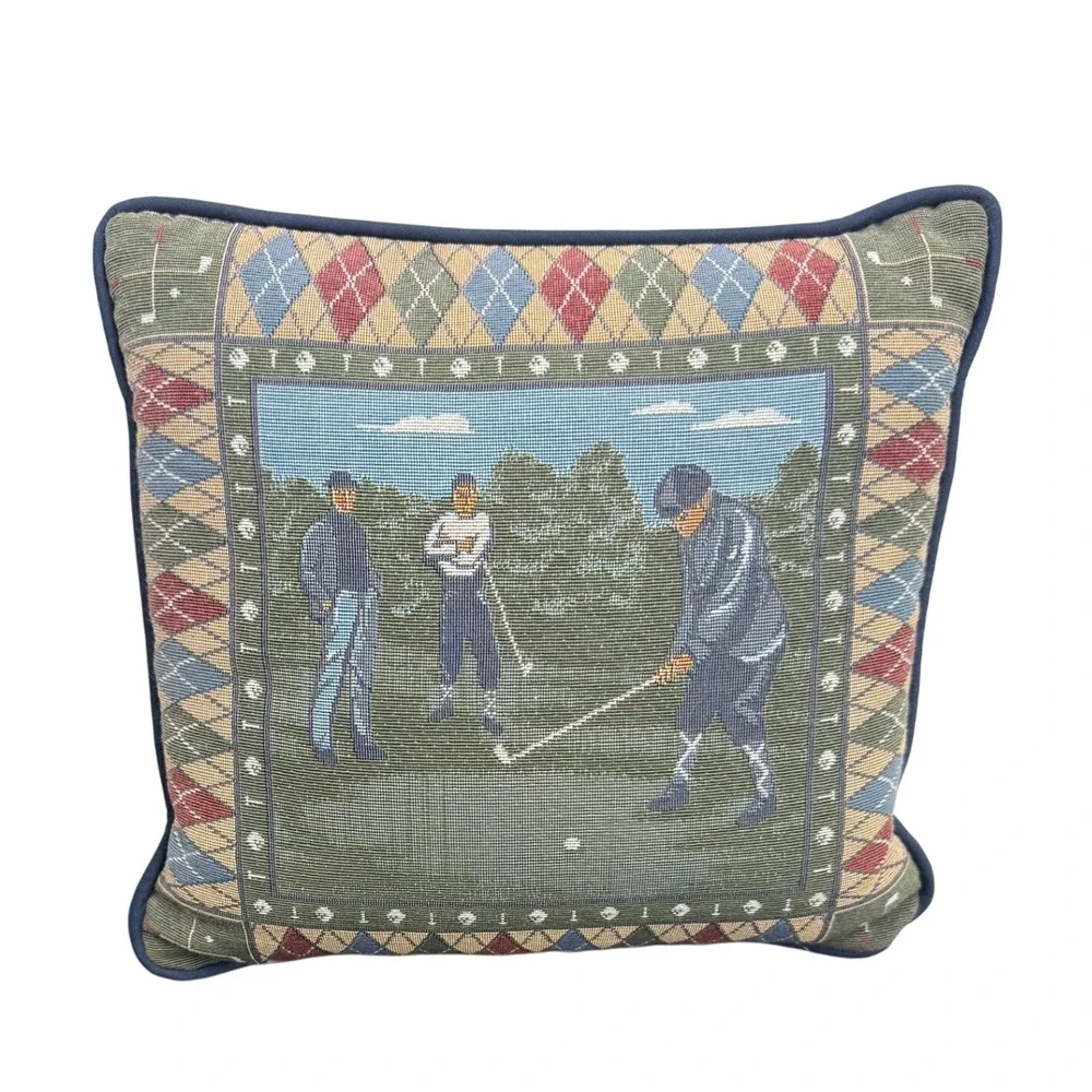 Vintage Golf Needlepoint Tapestry Throw Pillow Navy Blue Mens Gift Office